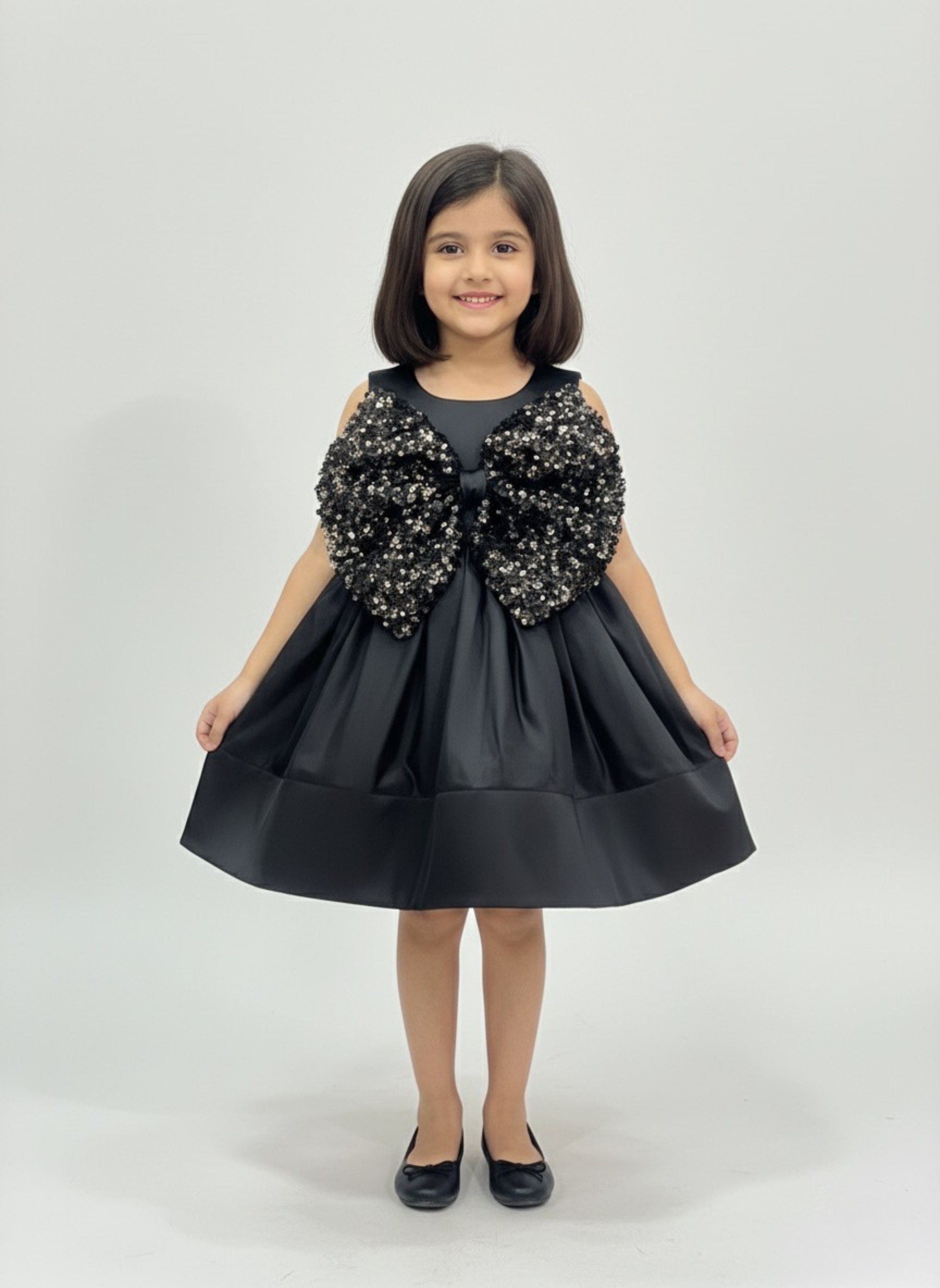 Classic Black Sequin Bow Satin Frock